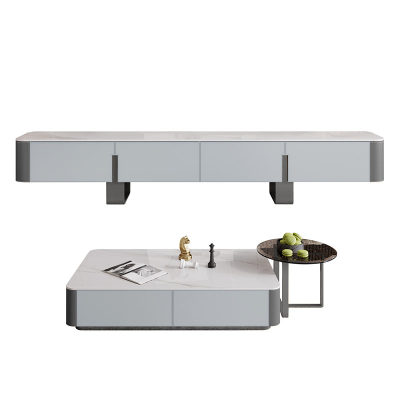 Meuble télé de style moderne jumelé à une table basse, Blanc / gris / argent