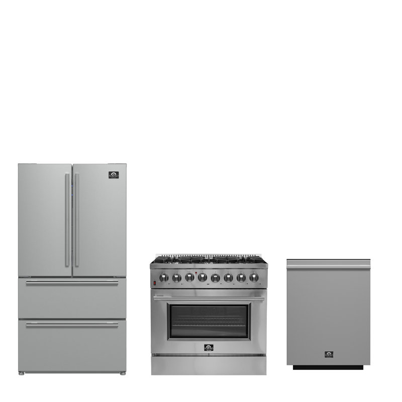 Ensemble de cuisine 3 pièces FORNO Premium - Cuisinière à double combustible 36 po Galiano, réfrigérateur 36 po, lave-vaisselle 24 po