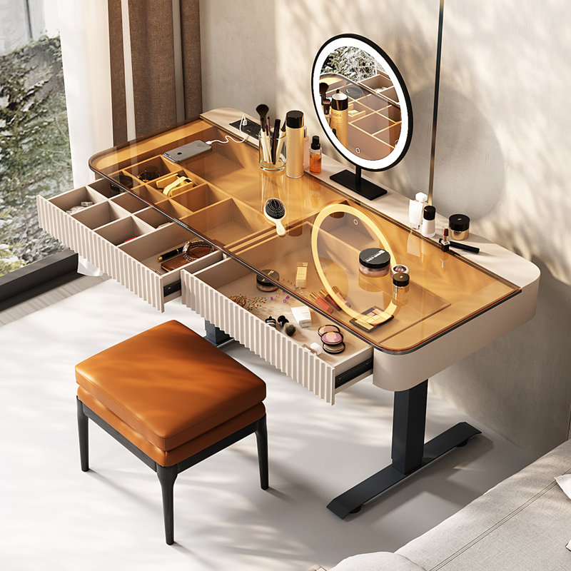 Dressing Table with Mirror, 53.1” W x 23“ D x 29.5” H, Black/Pale Pink