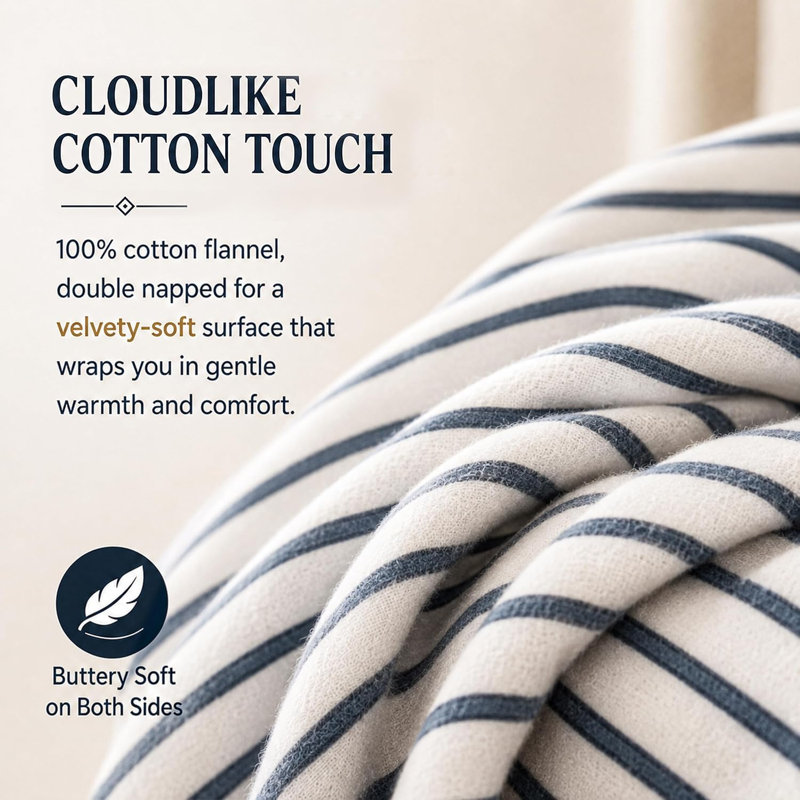 Ensemble de draps en flanelle 100% coton RUVANTI, Lit double, Rayures d'humeur bleu marine