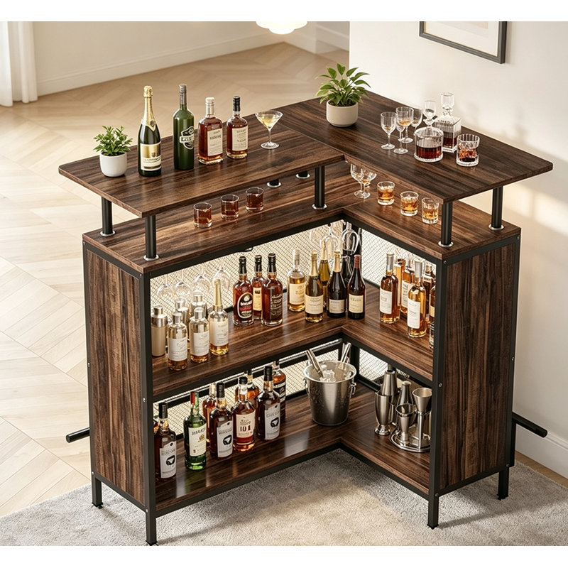 Bar en coin en L en métal et panneau de fibres à densité moyenne E1, support à verres à vin intégré et repose-pieds, armoire à liqueurs à rangement multiple
