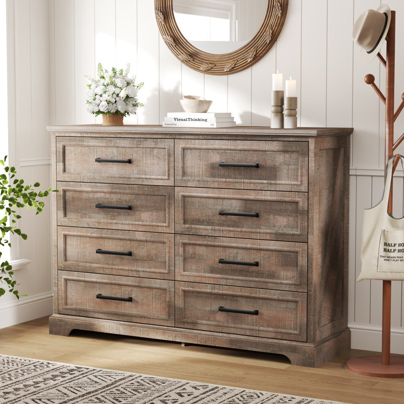 Farmhouse 8 Drawers Dresser Chests For Bedroom,52" Wide Wood Rustic Chest Of Drawers With Metal Handle,Natural Texture