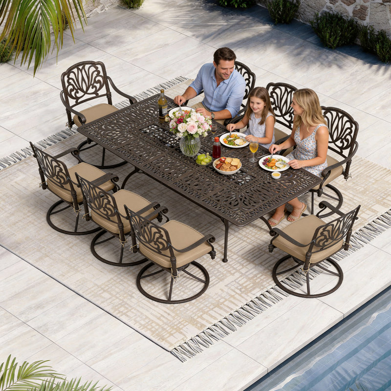 Afanasie 8 - Person Patio Dining Set with Rectangular Table , Cushions Included, Khaki