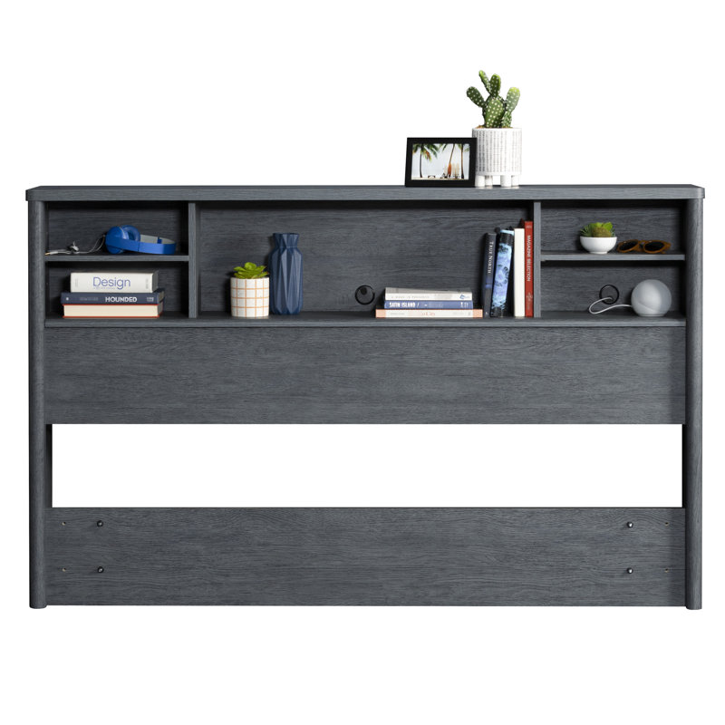 Grande tête de lit bibliothèque avec finition brun denim, rangement pour organiser la chambre à coucher, compartiments pour ranger les nécessités, convient aux tailles double et grand, décor de mélange de finition grise, étagères réglables