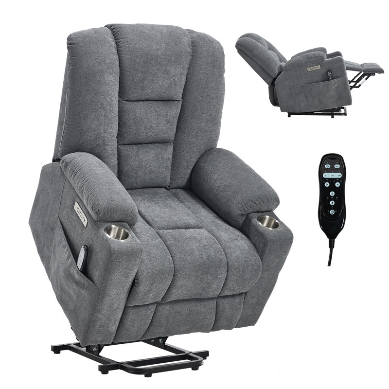 Lift Recliner Chair With Massage And Heat For Elderly, Overstuffed Wide Recliners, Heavy Duty Motion Mechanism With USB And Type C Ports, 2 Steel Cup Holders