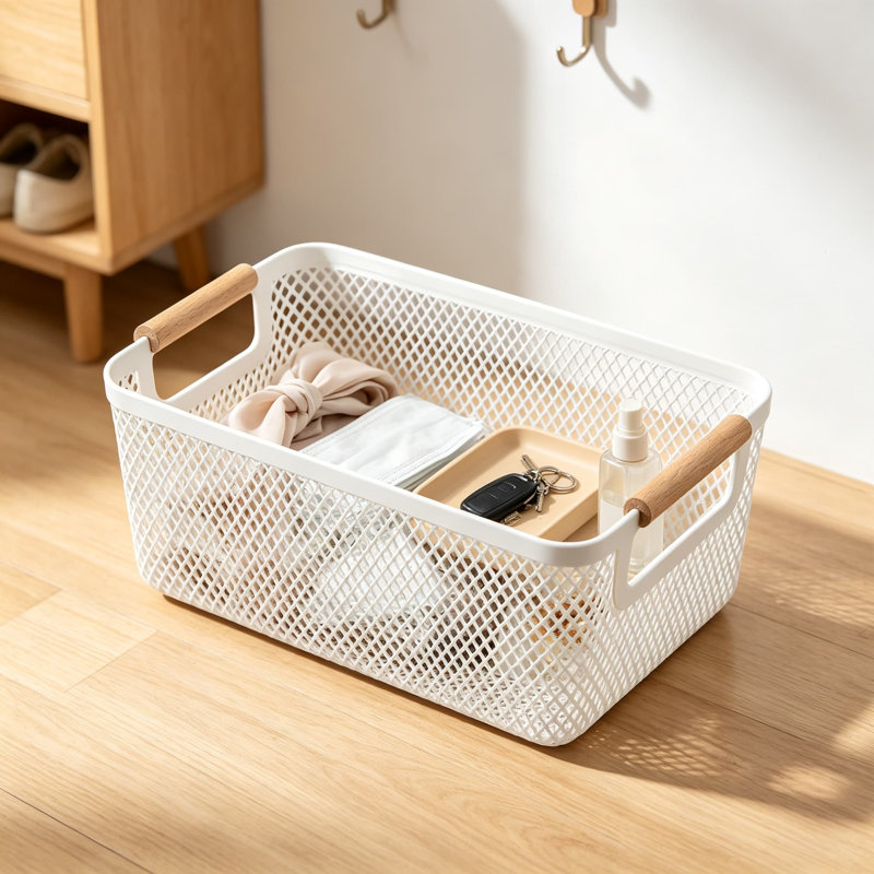 Paniers en maille blanche avec poignées en bois et bacs de rangement en plastique pour garde-manger et garde-manger