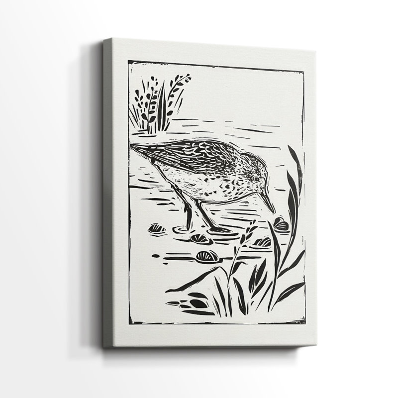 Oiseau de mer de style linogravure III - Cavas enveloppés de galerie, H 18 po x l 12 po