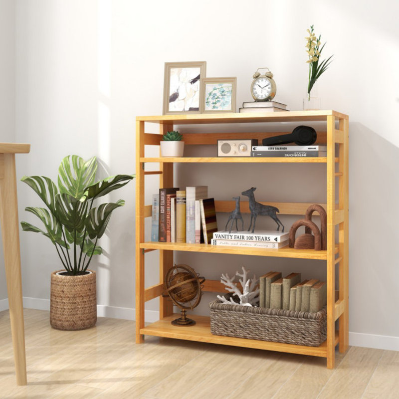 4-Tier Bookshelf Rubber Wood Bookcase With Side Fences For Living Room, (4 Shelves) 34.5"H x 29.5"W x 12"D