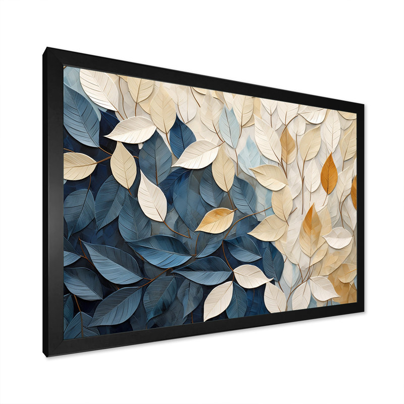Collage de feuilles minimaliste beige et bleu - feuilles, décoration murale, H 30 po x l 40 po x P 1,5 po, Cadre simple noir