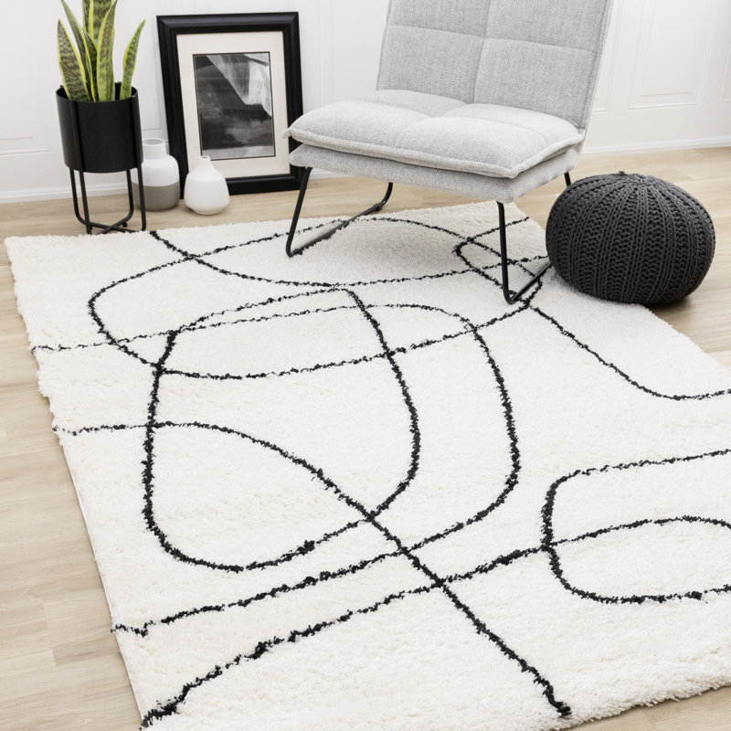 Ombretta Cream Black Swirling Lines Area Rug, Rectangle 3'11" x 5'7"