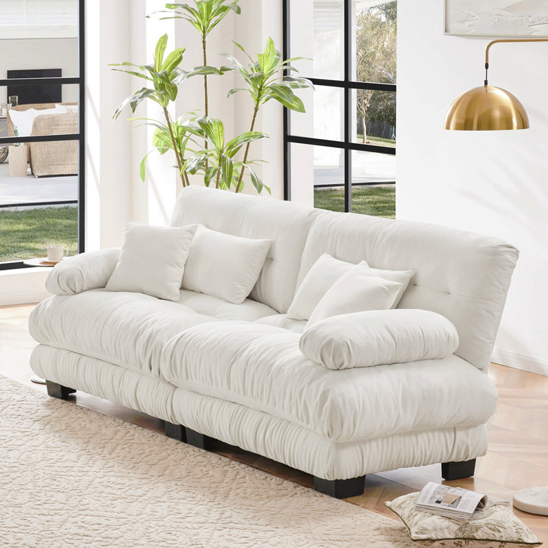 Canapé 2 places pour le salon, canapé 2 places en chenille avec 2 coussins lombaires et 2 coussins décoratifs, chenille blanc