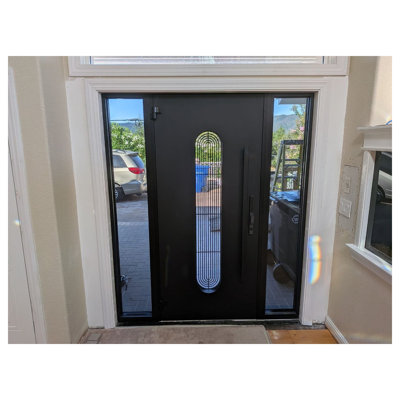 Porte d'entrée extérieure en aluminium Ronex 0521, noire, prémontée, en acier, peinte, style moderne, largeur 36 po x hauteur 80 po + 14 po, ouverture à gauche vers l'intérieur
