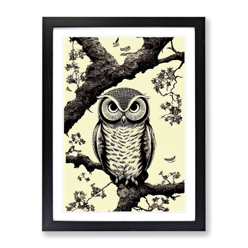 Owl On A Tree - Single Picture Frame Print, 46cm H x 34cm W x 2cm D, Black