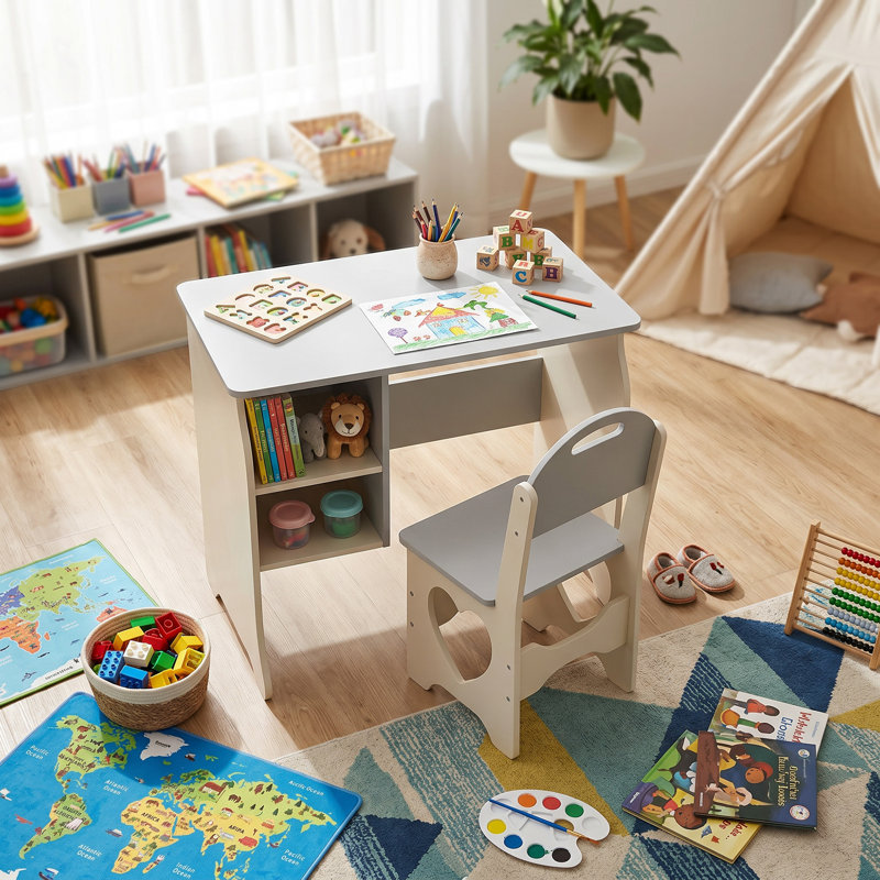 Kids Study Desk With Chair Set, Children’S Study Table For Boys And Girls, Gray/White