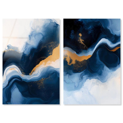 Art mural acrylique bleu Glam Blue and Gold par Art Remedy, prêt à être accroché