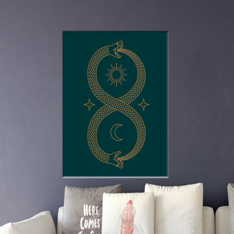 Grande flamme jumelle infinie 3D Ouroboros, art mural moderne imprimé, cadeau parfait, H 79 po x l 43 po, Toile tendue