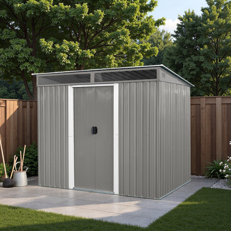 Coffret de rangement extérieur en métal de 2,4 m x 1,8 m avec portes coulissantes verrouillables et plaque transparente