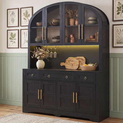 Arched Kitchen Pantry Cabinet with Glass Doors, LED Lights, Charging Station, Drawers and Adjustable Shelves