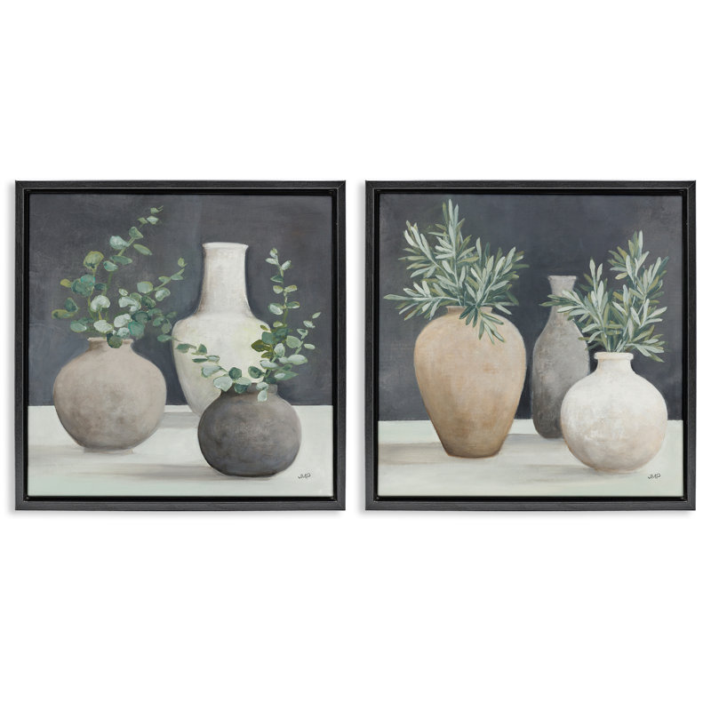 «Eucalyptus Greens Fresh Vessels», ensemble de 2 toiles flottantes encadrées par Julia Purinton, Cadre flottant noir de jais