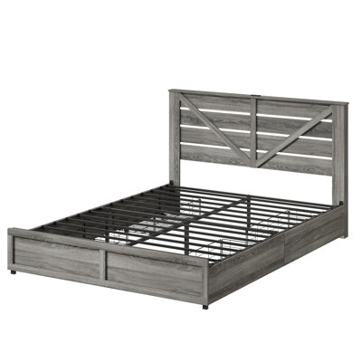 Full - Size Bed Frame With Storage Headboard And 4 Drawers, Led Lighting, Rustic Wood Grain Surface, Slip Metal Platform, Bedroom Organization Noise Mattress Support, Decor