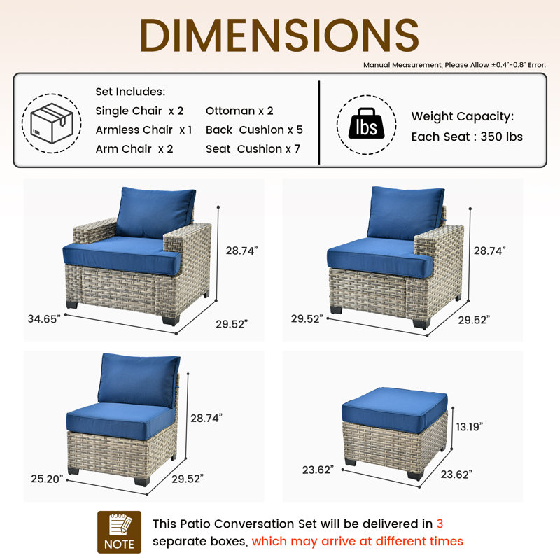 7 - Person Patio Furniture Set with Chairs, Outdoor Wicker Rattan Sectional Seating Group with Cushions, All Weather Sofa Conversation Set with Ottomans for Garden Backyard