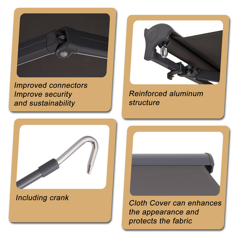 Canopee Manual Retractable Patio Awning with Protective Case 300g POLY, Gray, 5.91" H x 116.4" W x 117.6" D