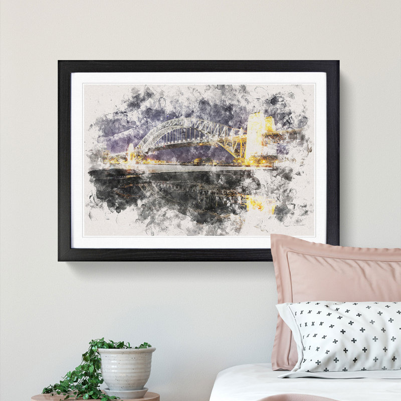 Sydney Harbour Bridge Australia - Picture Frame Painting Print, 45cm H x 63cm W x 2cm D, Black Framed