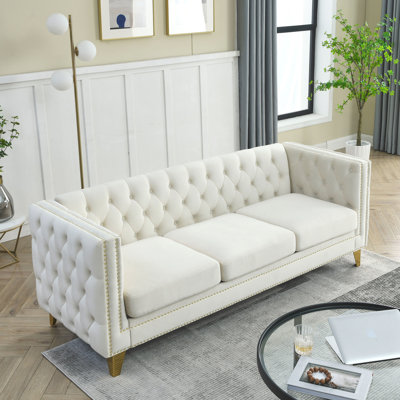 Classic Bedroom Furniture: Button Velvet With Metal Legs And Look Comfortable 3 Couch: Square Arms Supportive