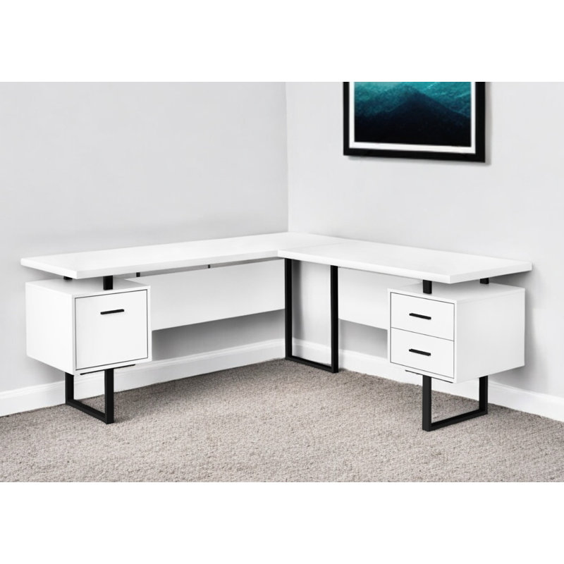 Bureau d'ordinateur en L 71 po à trois tiroirs blanc et noir