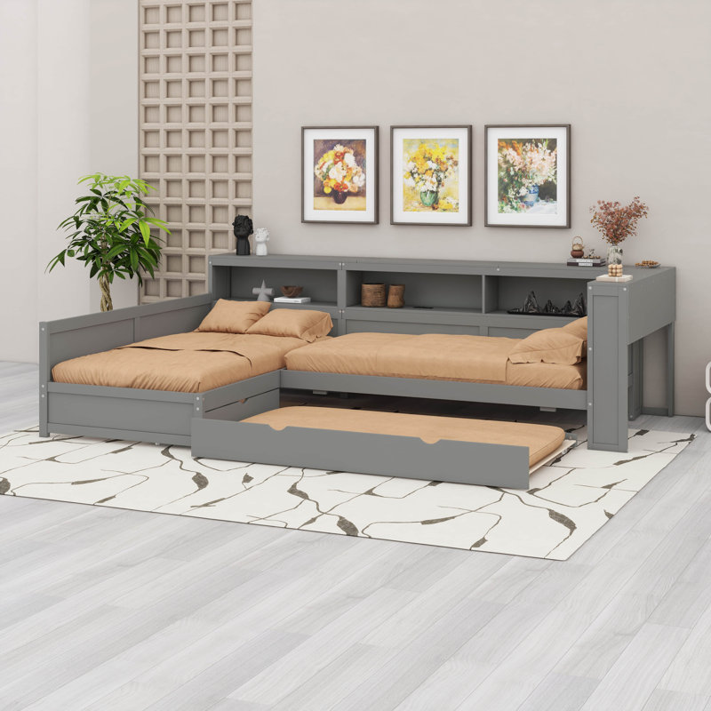 Lit plateforme en L avec lit gigogne, lit de jour avec tablette de rangement et station de charge, cadre de lit double d'angle en bois