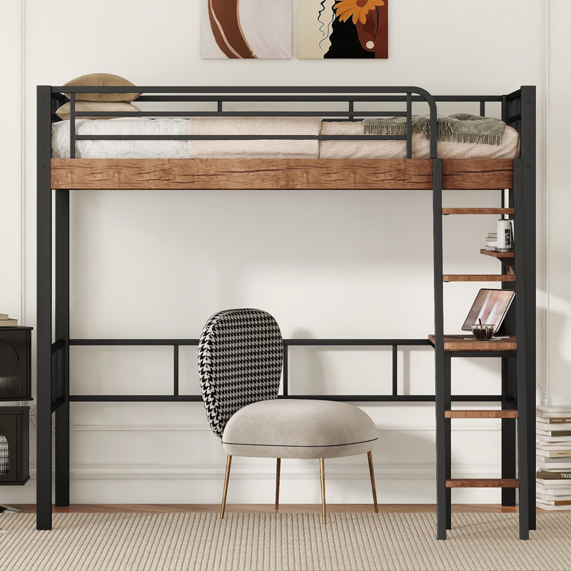 Lit mezzanine en métal avec bureau intégré, Lit simple
