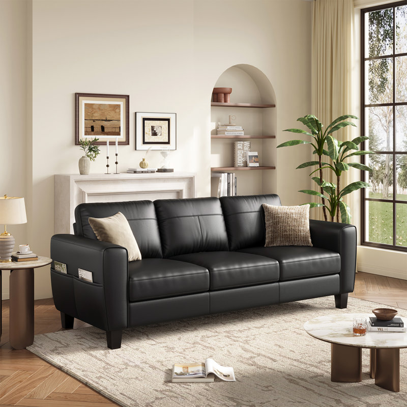 Canapé en cuir véritable 87 po avec accoudoir carré et poche latérale 87 po, Black Genuine Leather