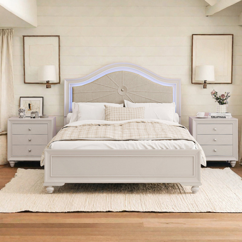 Modern Queen Size Wood Bed with Hidden LED Light Upholstered Curved Headboard
