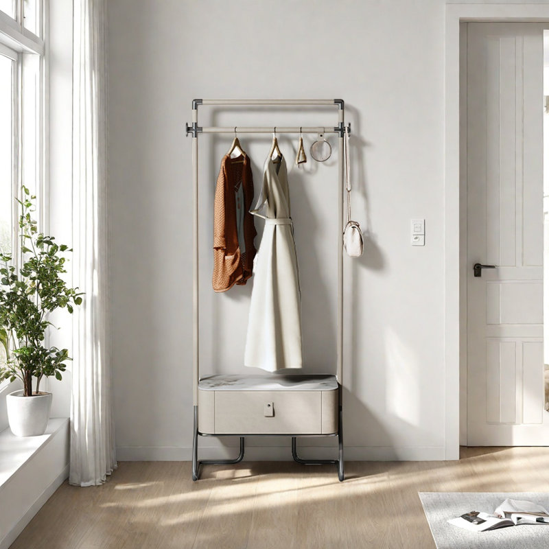 Stylish Wardrobe with Sturdy Rods Shelves, Griege