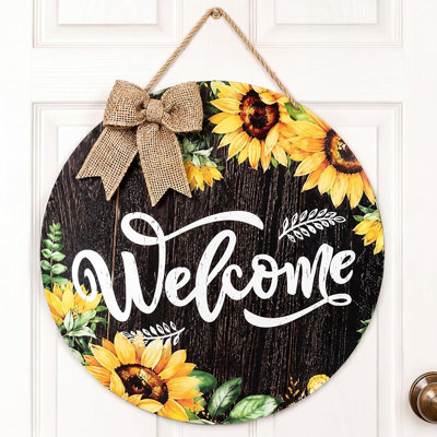 Sunflower Welcome Sign For Front Door – Round Wooden Vintage Summer Door Hanger For Farmhouse, Porch & Home Decor