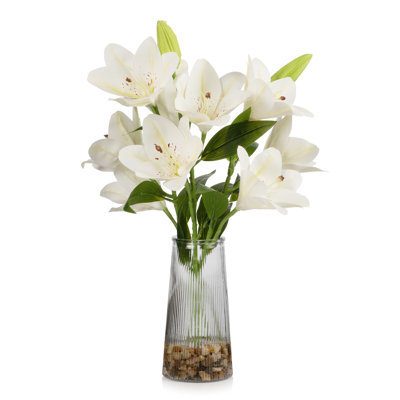 Arrangement de fleurs de lys tigré Real Touch dans un vase en verre transparent avec de l'eau artificielle (crème)