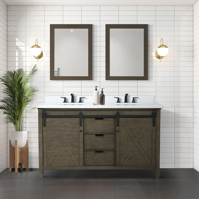 Meuble-lavabo double brun rustique 60 po X P 22 po D, avec comptoir en quartz blanc, Brun rustique