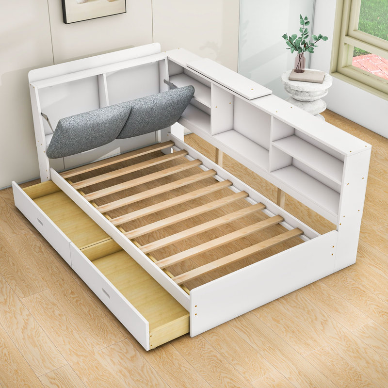 Lit plateforme simple en bois avec tablettes et tiroirs Johnnel, Blanc