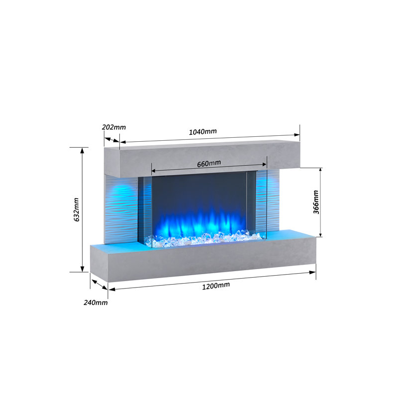 KINGSTON FLAMME Electric Fireplace with, 60cm H x 120cm W x 25cm D, Cement Grey