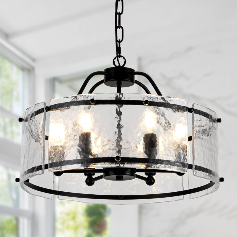 Lustre cylindrique noir mat à 6 lumières avec abat-jour en verre ondulé de 19,7 po pour îlot de cuisine, Noir