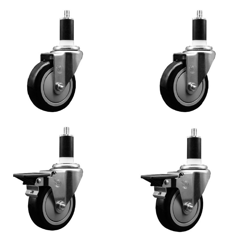 Poly Wheel Swivel Expanding Stem Caster Set 2 Brakes SCC PLB 4" x 1-3/8"