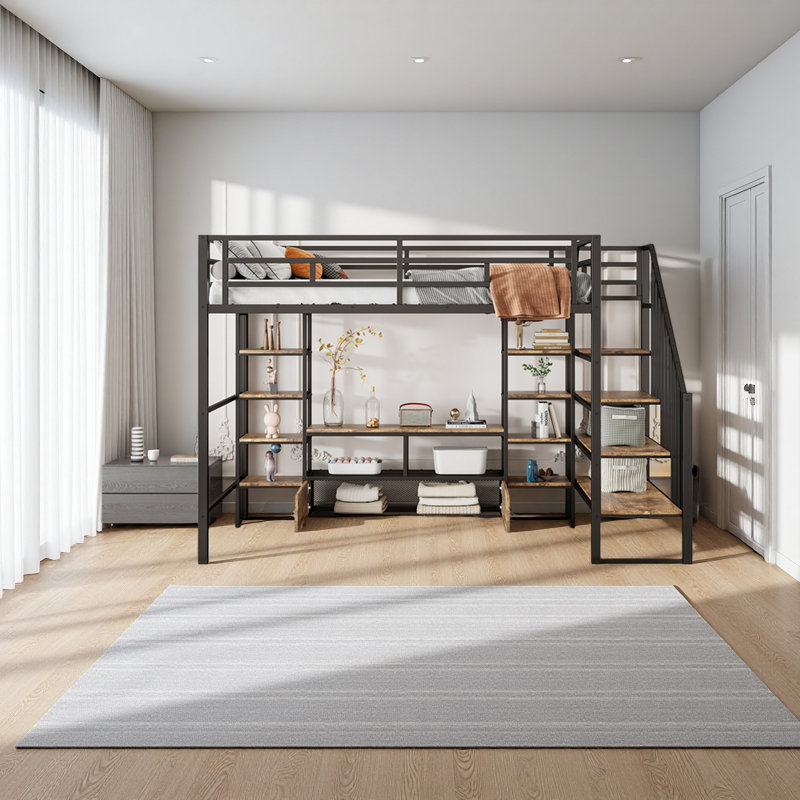 Lit mezzanine double en métal avec escalier, table de rangement basse et tablettes de rangement, Noir
