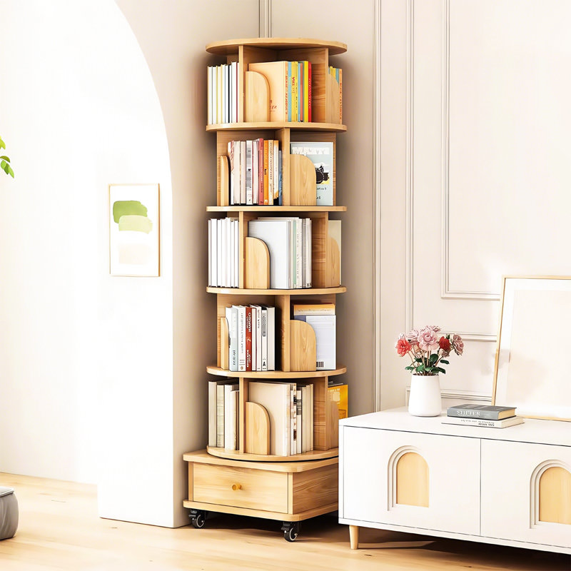 Bibliothèque 360 ° avec roulettes, tiroir, 6 niveaux, couleur bois, présentoir à cubes verticaux pour espace de bureau rond, couleur