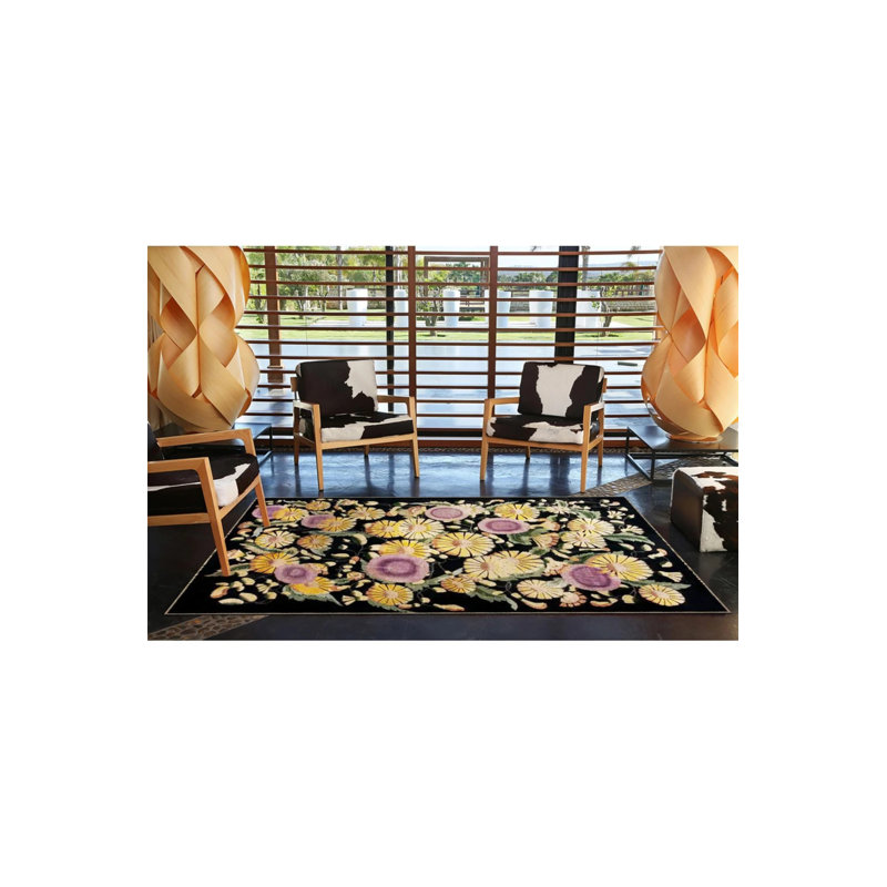 Tapis décoratif moderne à motif floral noir et jaune, Rectangle 5 pi 2 po x 7 pi 7 po