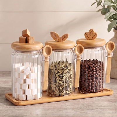 3 Pcs Glass Coffee Container with Bamboo Color Lid，Spoon, 25 oz Airtight Glass Jar with Wooden Shelf, Food Storage Containers Coffee Jar Tea Container