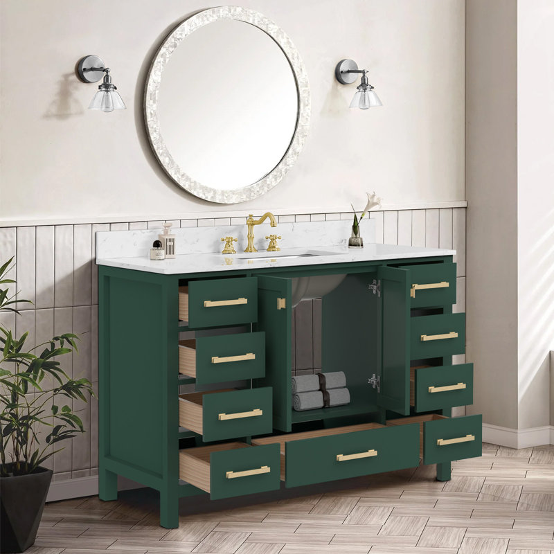 Meuble-lavabo sur pied 48 po, meuble-lavabo autoportant avec comptoir, armoire de rangement en bois massif vert, 48"