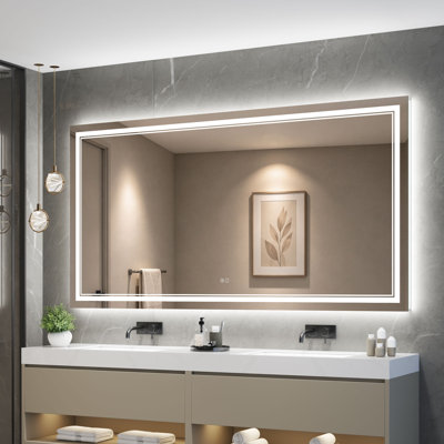 Frameless Rectangle Front & Backlit LED Bathroom Vanity Mirror with Dual LED Lighting, Dimmable 3-Color, Anti-Fog