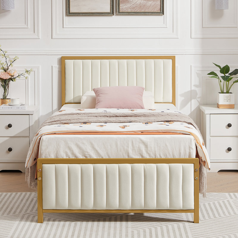 Cadre de lit plateforme rembourré avec tête et pied de lit capitonnés à canaux verticaux, sommier à lattes métalliques robustes pour lit simple, sans sommier tapissier, beige