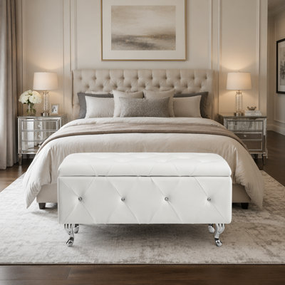 White Tufted Bonded Leather Storage Bench with Crystal Decor, Upholstered Bedroom Bench Ottoman for Entryway and Living Room