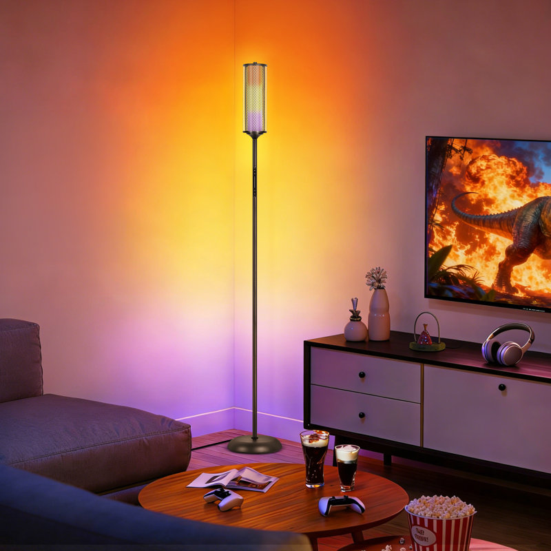 64.17" RGBIC Cylinder Bright Floor Lamps With Glass Lampshade With Wire Reinforcement And Remote Control, Black
